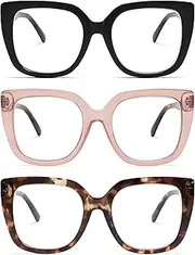3-Pack Retro Oversized Square Reading Glasses for Women Large Stylish Blue Light Blocking Readers AM6071