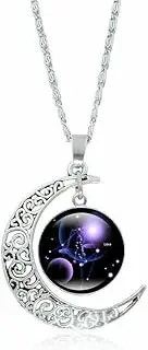 [XDMEI] 12 Constellation Moon Necklace, Astrology Galaxy & Crescent Moon Glass Cabochon Pendant Necklace Ladies Fashion Jewelry Chain