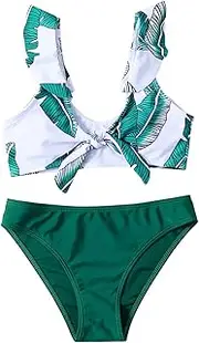 [Generic] Swimsuit Girl Large Toddler Summer Girls Floral Leaf Print Holiday Green Two Piece Swimwear Swimsuit Bikini Girls Swimwear 4t