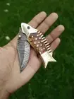"Golden Fins Elegance: Artisan-Crafted Damascus Steel Folding Knife with Unique