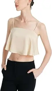 [GOELIA] Women's Camisole Elegant Acetate Crop Tank Tops with Spaghetti Strap, Ruffle Detail Built-in Bra