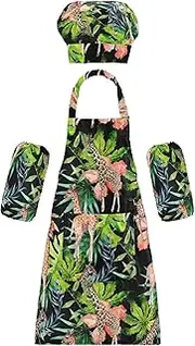 AIXIWAWA Kids Apron Chef Hat Set, Child Kitchen Bib Aprons Adjustable for Cooking Baking Painting (Giraffe and Leaves)
