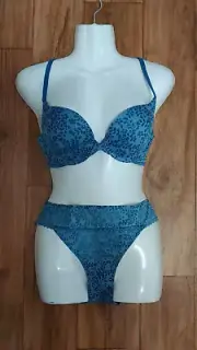 Adore Me Menades Contour Bra Panty Set Ink Blue Marl Bra 36 B Hipster L #BR-8063