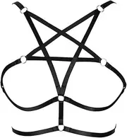 [Hyperdim] Sexy Women Lingerie Gothic Halter Pentagram Body Harness Caged Bra Cupless Bra Crop Top Strappy Bralette