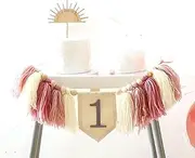 Handmade Boho 1st Birthday High Chair Banner Set, Pink First Birthday Tassel Banner Wooden One Cake Topper Party Decoration For Girl Birthday Baby Shower Photo Backdrop
