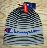 MENS CHAMPION REVERSIBLE STRIPED AND SOLID GRAY DARK BLUE BEANIE HAT CAP