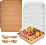 50Pack Paper Charcuterie Boxes with Clear Lids Square Sandwich Boxes with 44yd Twine Disposable Food Containers for Swiss Roll, Strawberries, Slice Cake, Cookies, Brown