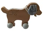 Hallmark Pull Toy Puppy Dog Wood with Gray Furry Ears Gray Wheels Pull String 7"