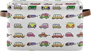 Cute Vehicles White Organizer Cloth Bins with Handle, Collapsible Nursery Room Storage