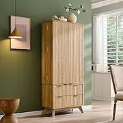 OKD Fluted Pantry Cabinet, Modern Kitchen Hutch, 72" Tall Storage Cabinet with 10 Door Shelves & 2 Drawers, Wood Cupboard for Kitchen & Living Room, Natrual Oak