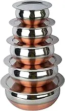 Nirvika Steel Handi Set Cookware Set Stainless Steel Copper Bottom Handi with Lid Kitchen Serving,Cooking Bowl |Handi/Urli Set 5-Pieces | Biryani Handi (Copper)