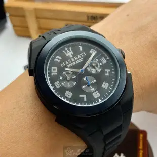 【MASERATI 瑪莎拉蒂】瑪莎拉蒂男女通用錶型號R8851115007(黑色錶面寶藍錶殼深黑色矽膠錶帶款)