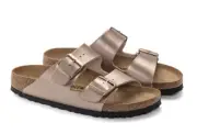 NIB Birkenstock Arizona Birko Flor Slide Sandal in Copper Narrow Width 1023960