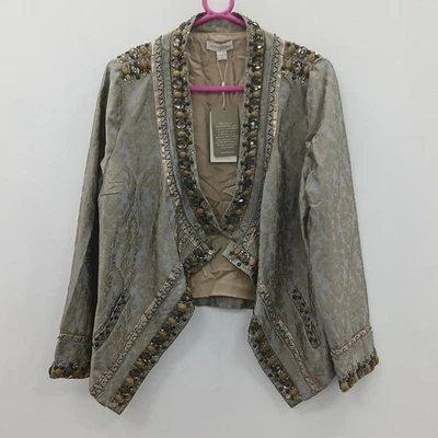 Monsoon Embellished Blazer Jacket UK 16 Grey Gold Beaded New NWT RMF-FPL15