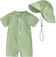 [Nibbcoa] Toddler Baby Boys Seersucker Short Sleeve One Piece Rash Guard Swimsuit Zipper Bathing Suit Swimwear with Hat, Green, 1-2 Years