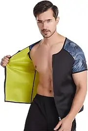 [Bauffs] Men's Sauna Suit Sweat Shirt, Waist Trainer Tank Top, Zipper Body Shaper, Slimming Compression Shapewear for Exercise, Fitness, Running,Yellow,Large