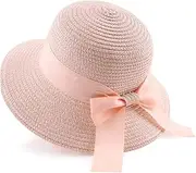 [Zsedrut] Women,Little Girls Straw Sun Hat Summer Beach Cap Foldable Visor Floppy Hats Wide Brim with Bowknot