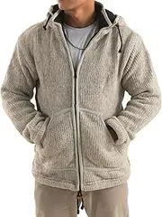 [Woolmandu] Winter Full Zip Up Jacket Nepal Wool Fleece Line Men Adjustable Stand Collar Hoody Pullover Front Zipper Woolen Sweater, Grey