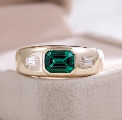 IGI Certified Men's Ring Green Emerald Cut Lab Grown Diamond Gifts for Husband
