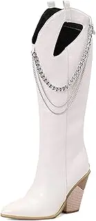 [Smilice] Wedge Heel Long Boots Pointed Toe Cowboy Knee High Boots with Chain for Women