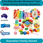 6 Pcs Baby Wooden Montessori Toys - Shape Sorting, Stacking, Xylophone, Educatio