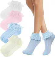 [VALICLUD] 4 Pairs Girls Socks Cotton Ruffle Ankle Socks Kids Over Ankle Socks Kids Thin Lace Trim Cute Socks Girls Casual Socks, multicoloured, Small