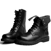 Men's Black Leather Combat Boots with Foldable Collar - Rugged Lace-Up Military Style Ankle Boots for Outdoor Wear