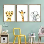 Baby Safari Nursery Wall Art Decor 24x16 Inch Set of 3 Wood Framed Cute Anima...