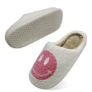 Nevenka Womens Retro Smiley Face Soft Plush Slippers Comfy Slip-on Shoes-SmileyPink