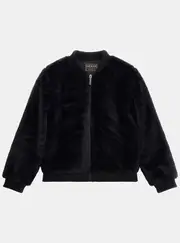 GUESS Black Faux Fur Bomber Jacket Size: 16, Polyester