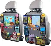 ULEEKA Car Backseat Organizer with 11" Table Holder, 10 Storage Pockets Seat Back Protectors Kick Mats for Kids Toddlers, Travel Accessories, 2 Pack, Gray
