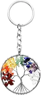 Tree of Life Keyring 7 Chakra Healing Crystal Tumbled Stone Natural Gemstone Car Key Chain Reiki Healing Keychain for Friendship Women Men Girls Bikes Home, Round, 70 x 140 cm, Chain (R45F)