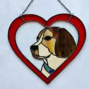 Handmade Stained Glass Beagle Dog Suncatcher in a Red Heart (10.5x10")