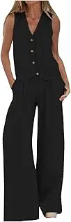 [WUANDIXFA] Blazers for Women Sleeveless Suit Vest and Straight Leg Pants Button Blazer Sets Casual 2 Piece Outfits