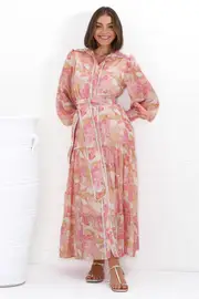 Wellsy Maxi Dress - Contrast Detailing Button Down Dress with Belt in Lola Print