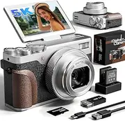 Digital Camera, 64MP Cameras for Photography, 5K Vlogging Camera for YouTube, 180°Flip Screen Digital Point and Shoot Camera with 18X Zoom, Compact Camera for Beginner with 32GB SD Card(2 Batteries)
