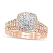 0.63 CT. T.W. Natural Diamond Double Cushion Frame Multi-Row Bridal Engagement Ring Set in Solid 10K Rose Gold