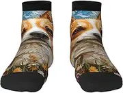 [JEJEA] Corgi Floral Flowers Spring Garden print Men's Athletic Cushioned Crew Socks Crew Training Athletic Socks Men and Women for Sports
