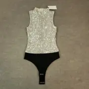 7 For All Mankind Bodysuit Womens XS Black Silver Sequins Snaps One Piece