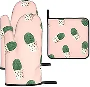 Cactus Print Heat Resistant BBQ Gloves Oven Mitts and Pot Holders Set for Kitchen Baking Set