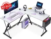 L Shaped Gaming Desk White w/ Stand Storage Bag Hook for Office Bedroom Study