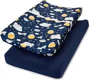 TILLYOU Changing Pad Cover Set in Soft Jersey Material - Fits 32"/34''x16 Contoured Pad for Babies, Starry Adventure and Dark Blue