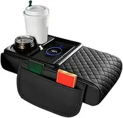 Center Console Cushion Pad, Wireless Charging Car Armrest Cover Cushion, Artificial Leather Elbow Rest with Side Pocket and Cup Holder for Water Bottle, Tissue Box, Keys