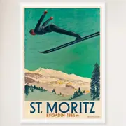 Galrie Vintage Aerial Ski Poster of St. Moritz in Engadin, Switzerland Artwork, White Frame, A2 42 x 60cm (16 x 24inch)