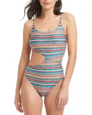 Red Carter Striped Side Cutout One Piece Swimsuit