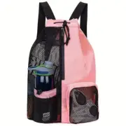Pink Mesh Drawstring Swim Backpack with Wet Bag - Durable Beach Gym Bag for Wet