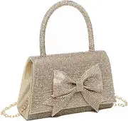 [Fontanella Fashion] Women's Luxury Rhinestone Evening Clutch Bag Bow Design Top Handle Elegant Purse With Chain Strap