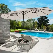 Costway4.7M Double-Sided Patio Umbrella with Solar Lights for Poolside Garden Yard-Beige