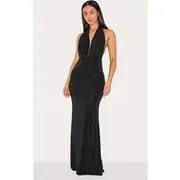 Petite Black Slinky Extreme Cowl Backless Midaxi Dress, Black
