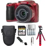 Kodak PIXPRO AZ255 Digital Camera (Red) + Tripod + Case - 64GB Kit